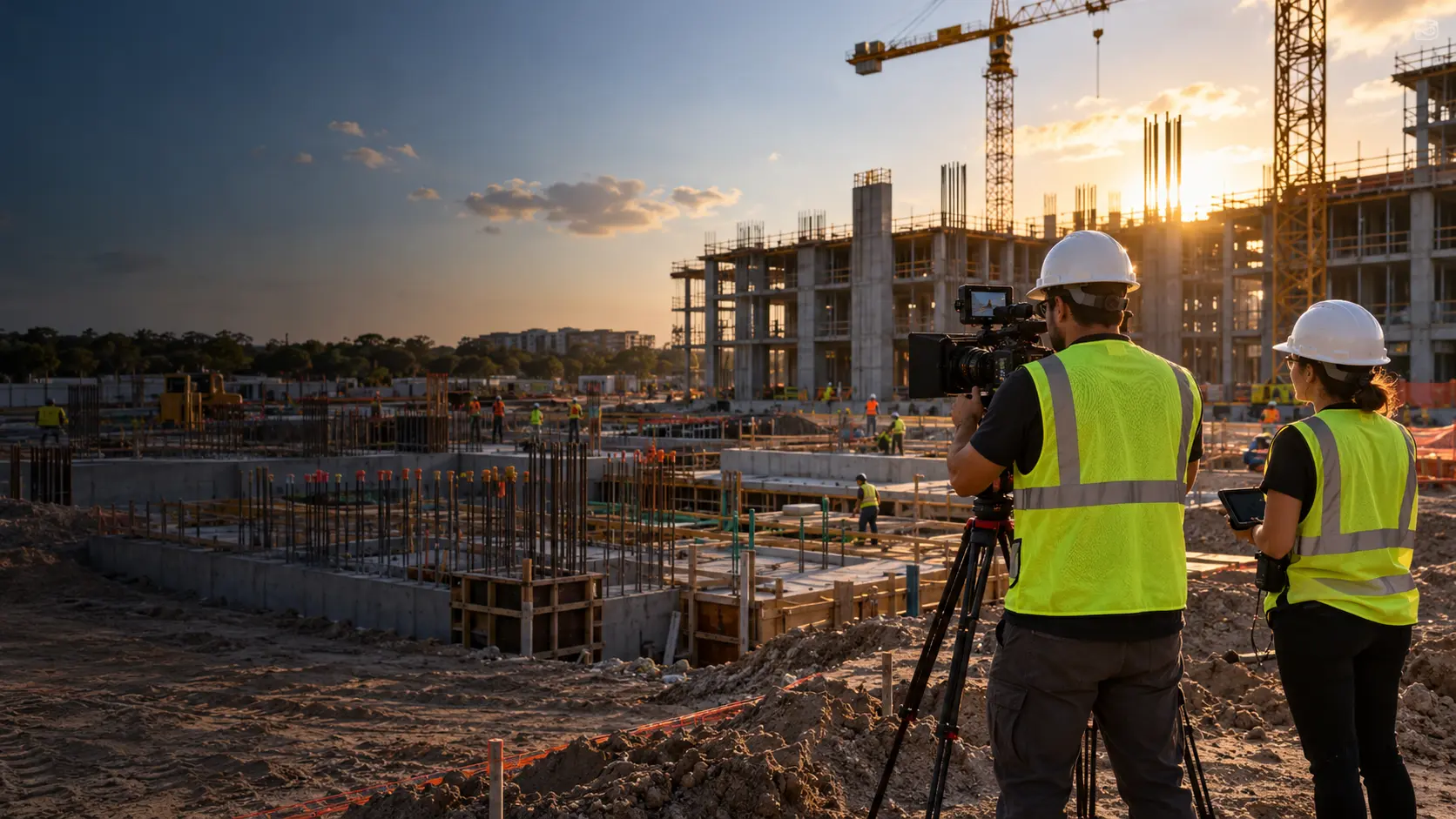 Video crew in hard hats recording an active Orlando construction site at sunset