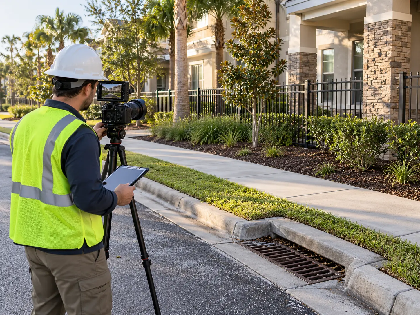 Videographer in PPE documenting sidewalk, curb, drainage and exterior conditions