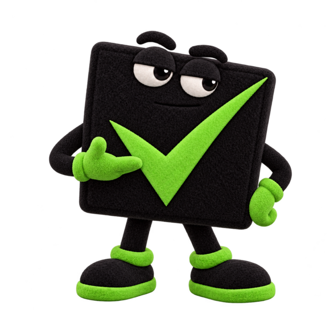 Mr. Check, Checkbox Media’s stoic mascot, presenting himself like a product shot.