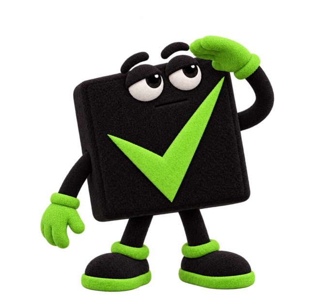 Mr. Check, Checkbox Media’s stoic mascot, looking up toward the drone.