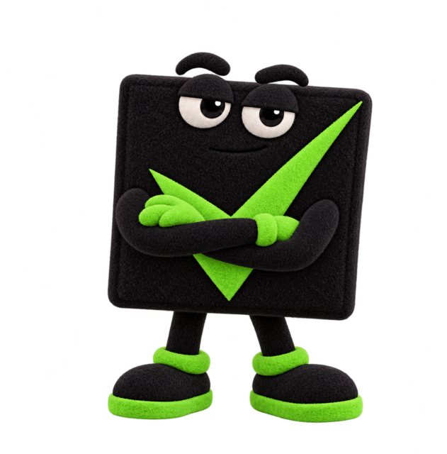 Mr. Check, Checkbox Media’s stoic mascot, standing with his arms folded.