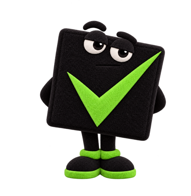Mr. Check, Checkbox Media’s stoic mascot, standing formally with hands behind his back.